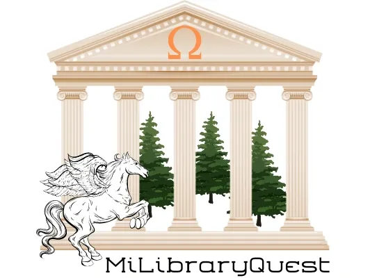 MiLibraryQuest and a pegasus in front of columns and pine trees behind them     